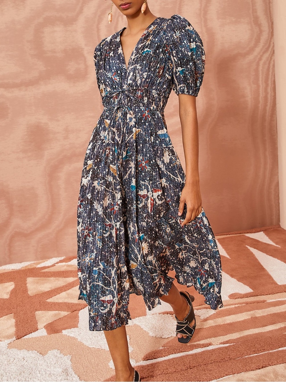 Ulla Johnson Dress Womens 6 Twilight Navy Floral Thelma Puff Sleeve Midi NWT